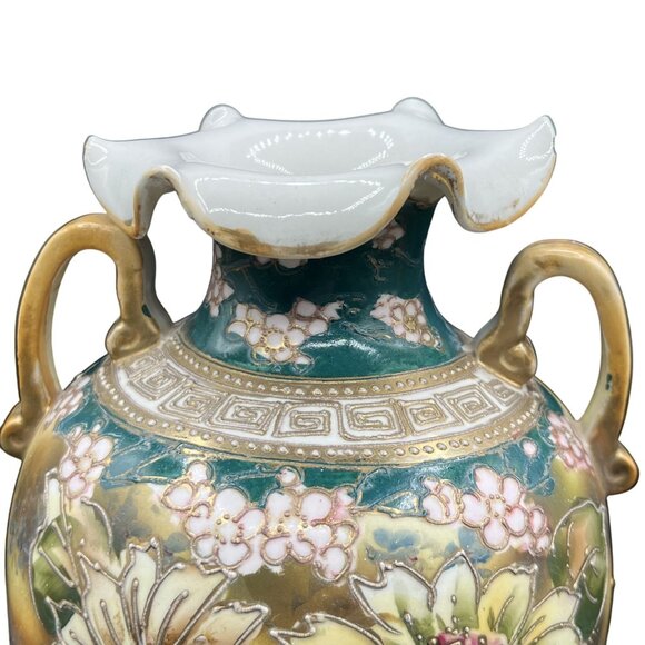 Nippon Rare Antique Hand Painted Floral Two Handed Vase Ruffled Rim 3D Bloomcore - Picture 5 of 15